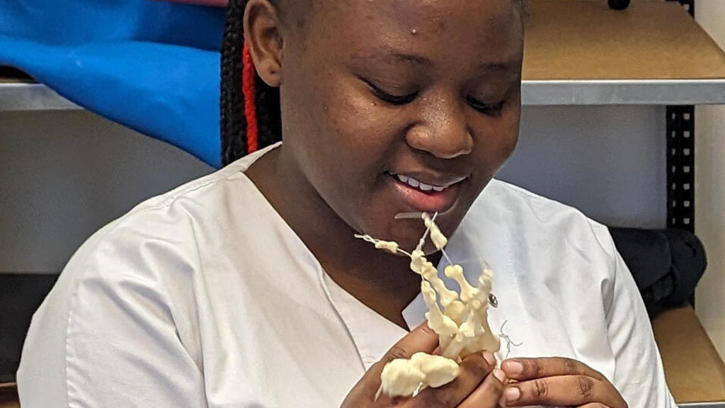 Une étudiante travaille sur la mobilisation des os (ici les os du pied et de la cheville).